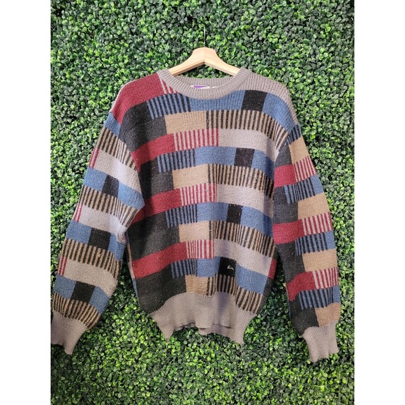 vtg COLOR BLOCK PATTERN Sweater Large //autumn colorful comfy coogi tunrda 3D